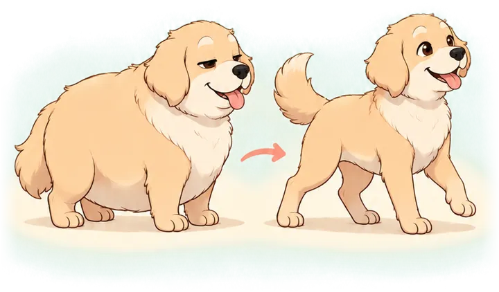 A round golden dog next to the same dog, slimmer and playful